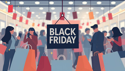 Flat-style illustration of Black Friday shopping scene with discount tags, excited customers, shopping bags, and modern store interior — perfect for e-commerce and promotional use.