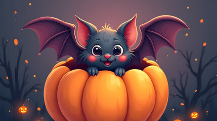 Cute Halloween bat peeking out from a carved pumpkin playful illustration