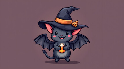 Cute chibi style bat wearing a witch hat holding candy corn