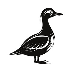 A single duck standing quietly on a shoreline silhouette