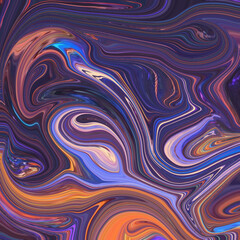 Fluid abstract artwork in deep purple and orange tones with luminous highlights. Great for modern art, backgrounds, and digital design. Keywords: abstract, fluid, colorful.