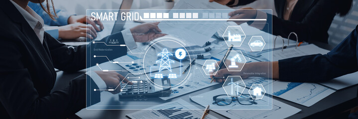 Collaborative Business Meeting on Smart Grid Technology with Professional Team Analyzing Data and...