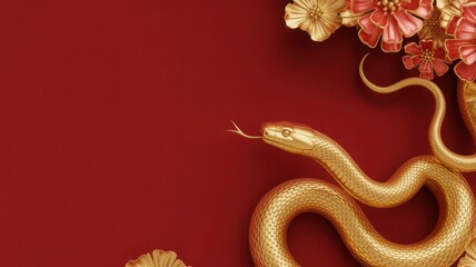 Golden snake with flower on red background, chinese new year of the snake concept luxury and elegant background with copy space