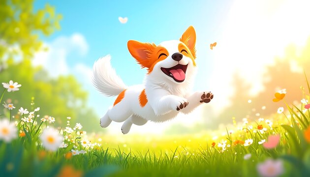 Happy dog jumping in a spring meadow