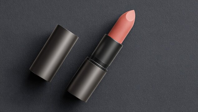 A muted peach lipstick in a dark gray/black compact