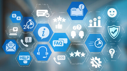 FAQ and online help icons show question, answer, and support system. FAQ improves online help experience, customer service quality, and FAQ knowledge access. Gist