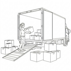 A line drawing of a woman using a ramp to load boxes into a truck.
