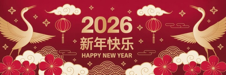 Naklejka premium Elegant 2026 chinese new year banner with cranes, clouds, lanterns, and flowers, symbolizing prosperity and good fortune isolated on white background