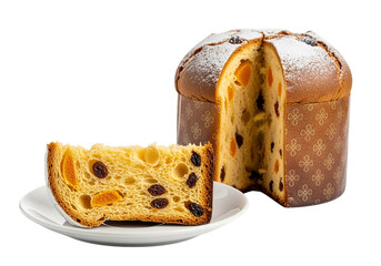 Italian panettone cake with raisins isolated on transparent background