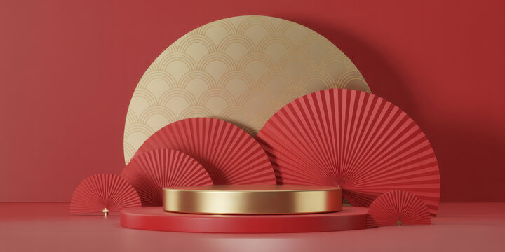 Golden podium stage with red paper fan for chinese new year isolated on red background, 3d render, minimal scene for product display presentation