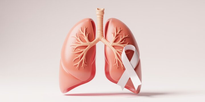 Human lungs with white ribbon isolated on white background, symbol of lung cancer awareness, pulmonary hypertension, and other lung diseases - Powered by Adobe