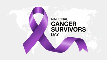 Commemorate national cancer survivors day with a purple ribbon and world map background to honor those who have overcome the disease