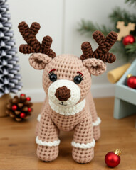Fototapeta premium Crochet deer in christmas setting . Knitted soft toy. 