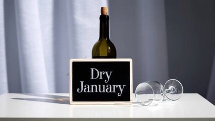 Dry january concept with wine bottle, chalkboard sign, and glass on white table against curtain background, promoting alcoholfree lifestyle