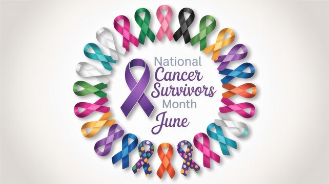National cancer survivors month june frame of colorful ribbons isolated on white background, promoting awareness, support, and hope