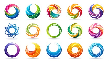 Collection of vibrant, colorful, abstract  designs featuring swirling circular shapes and geometric patterns.
