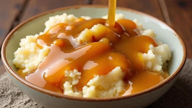 Pouring rich, savory gravy over fluffy mashed potatoes in a rustic bowl.