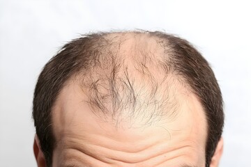 Fototapeta premium Close-up of a man’s forehead showing advanced hair loss and thinning hair on the top of the head. Concept of baldness, alopecia, receding hairline, aging, and hair care treatment solutions.