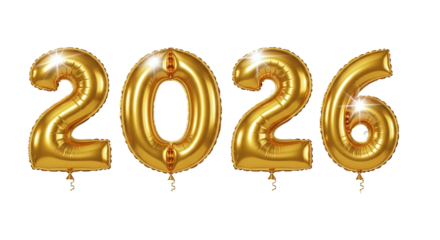 Gold Balloons Forming 2026, isolated on transparent background