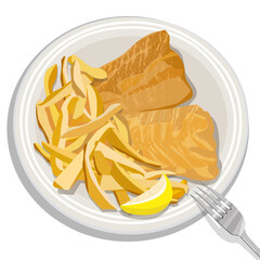 Fried cod with French fries and a lemon slice on a white plate with a steel fork. Traditional Greek cuisine. Vector food illustration.