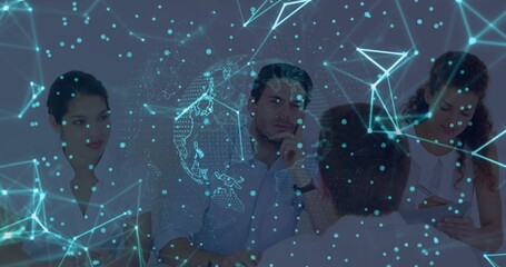 Collaborating team analyzing data in modern conference room with holographic network overlay