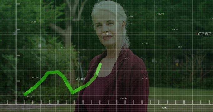 Standing woman in maroon blazer showing green line graph in garden, with numeric grid overlay