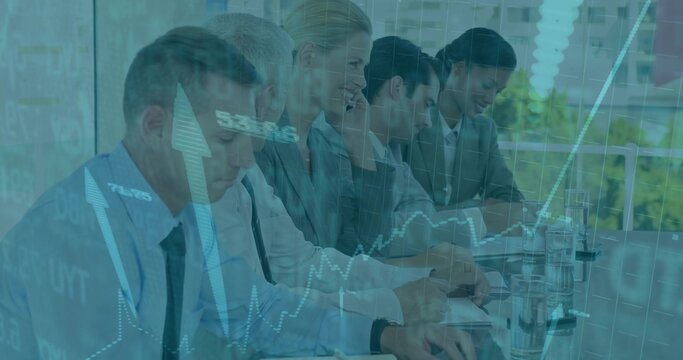 Attending meeting five business professionals in office with notebooks and financial charts overlay