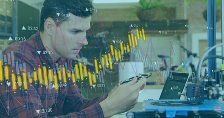 Man wearing red plaid shirt examining component in workshop with 3D printer and financial overlay