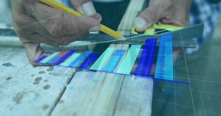 Carpenter marking wooden plank in woodshop, with pencil ruler tape and digital bar chart overlay