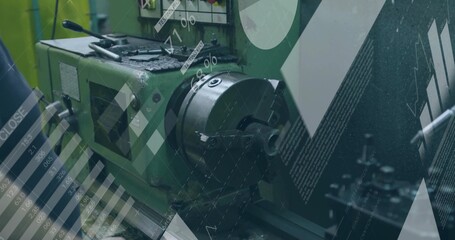 Displaying four-jaw lathe chuck rotating in metalworking shop, showing tool post, cutting bits