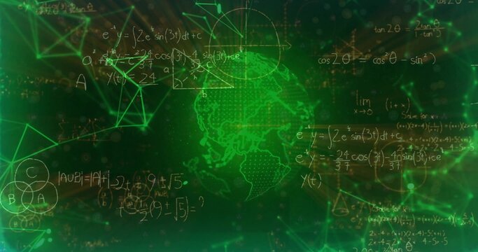 Showcasing stylized wireframe globe hovering over interface, with equations geometry venn and nodes