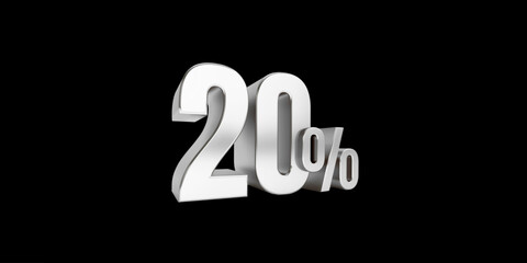 Silver twenty percent on a black background. 20% income or 20% off on sale concept. 3d render
