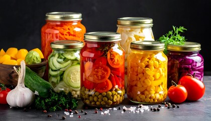 Assorted preserved vegetables in jars