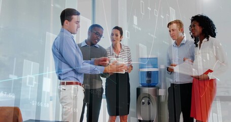 Reviewing prototype, five colleagues collaborating in office meeting, with documents and red folder