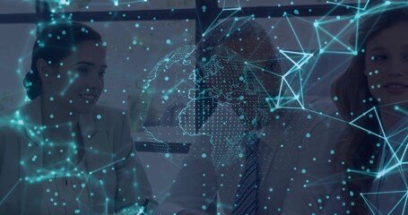 Analyzing three executives in business attire debating tech strategy in boardroom, with network map