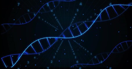 Displaying glowing blue DNA helix in virtual interface, with radial grid lines and floating numbers