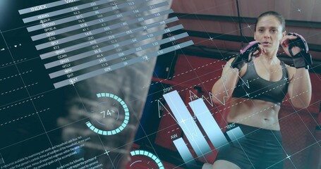 Throwing punch athlete wearing workout clothes training at gym, with gloves focus mitt AR overlays