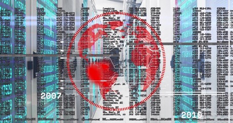 Red digital globe floating in data center corridor, showing server racks, code, dates 2007 and 2010