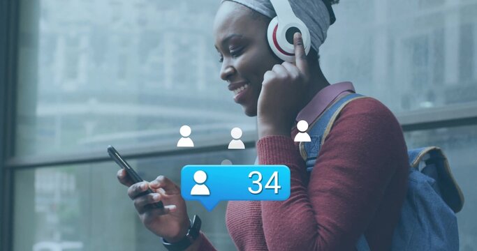 Standing woman scrolling smartphone at shop window with headphones, notification bubble, copy space