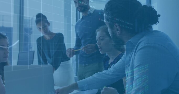 Collaborating business team analyzing financial charts in conference room with laptop, documents - Powered by Adobe