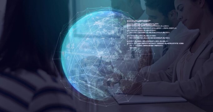 Collaborating team in suits analyzing holographic globe at meeting room with laptops and coffee mug - Powered by Adobe