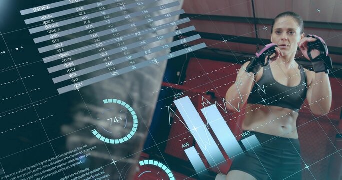 Throwing punch athlete wearing workout clothes training at gym, with gloves focus mitt AR overlays