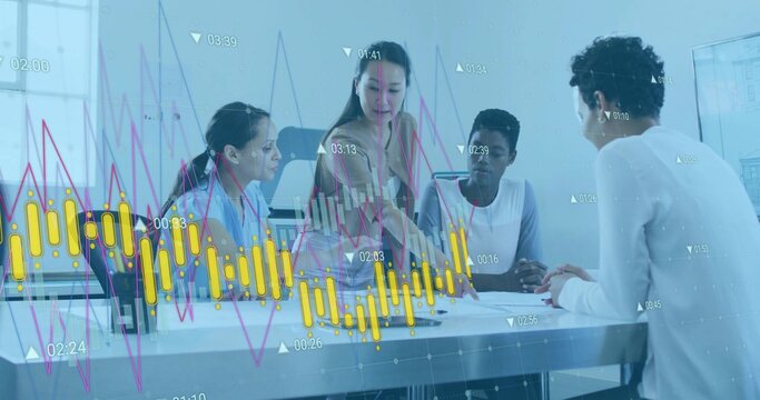 Reviewing printed charts, four women collaborating around table in office, with candlestick overlay
