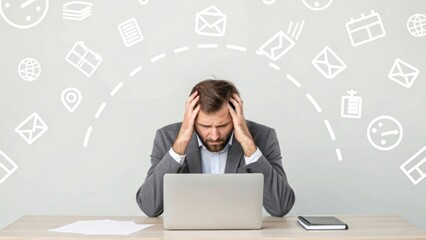 Overwhelmed businessman at desk with hands on head surrounded by floating icons of documents emails and deadlines in a stressful office environment