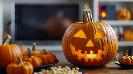 Charming halloween movie night arrangement featuring illuminated jack o  lanterns for ambiance