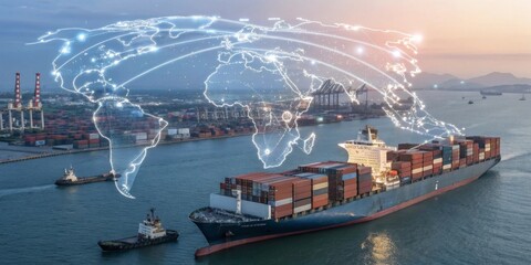 Container ship navigating global trade routes port city digital artwork maritime environment aerial viewpoint symbolizing logistics and shipping dynamics