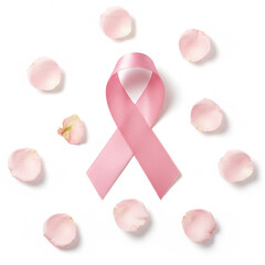 Pink ribbon surrounded by rose petals on white background For Breast Cancer Advertisement Cancer