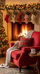 Cozy Christmas Eve: The warm glow of a fireplace fills a welcoming living room, where a decorated Christmas tree and festive stockings adorn the scene, inviting a sense of festive serenity.
