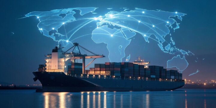 Container ship navigating global trade routes port city digital illustration nighttime environment aerial view holographic world map concept symbolizing international shipping and logistics