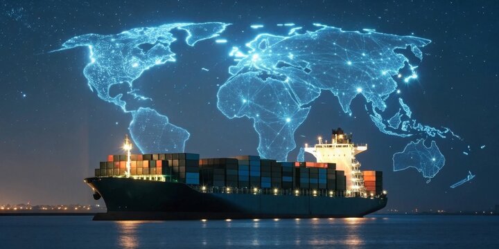Container ship navigating global trade routes ocean digital art nighttime global logistics concept with holographic world map